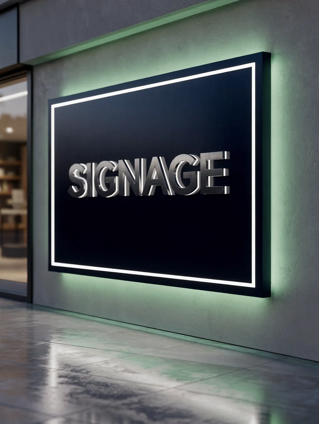 Modern storefront signage with clean typography and logo